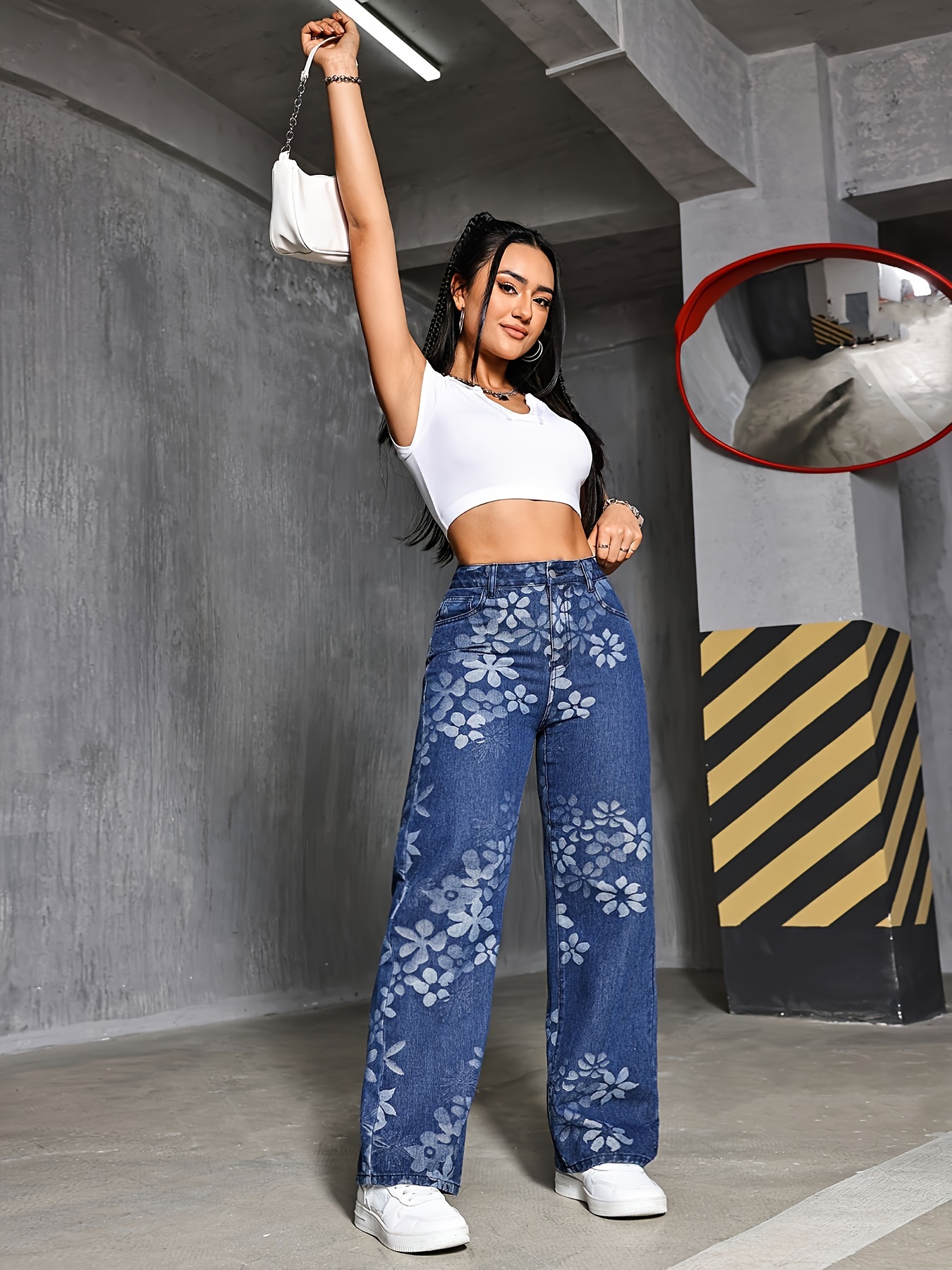 jean droit femme en denim détail rayures contrastées coupe Temu