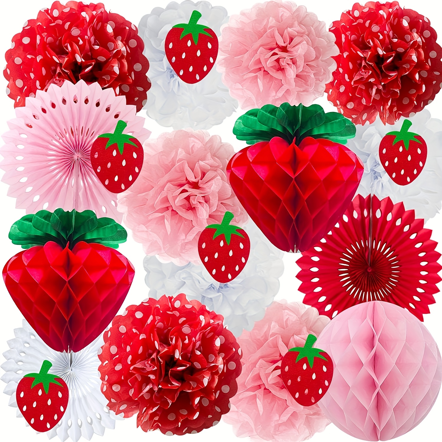 

22pcs Set Strawberry Party Decoration Set Paper Fan, Honeycomb Lantern, Pull Flag, Paper Flower, - Suitable For Birthday, Wedding Shower And Christening