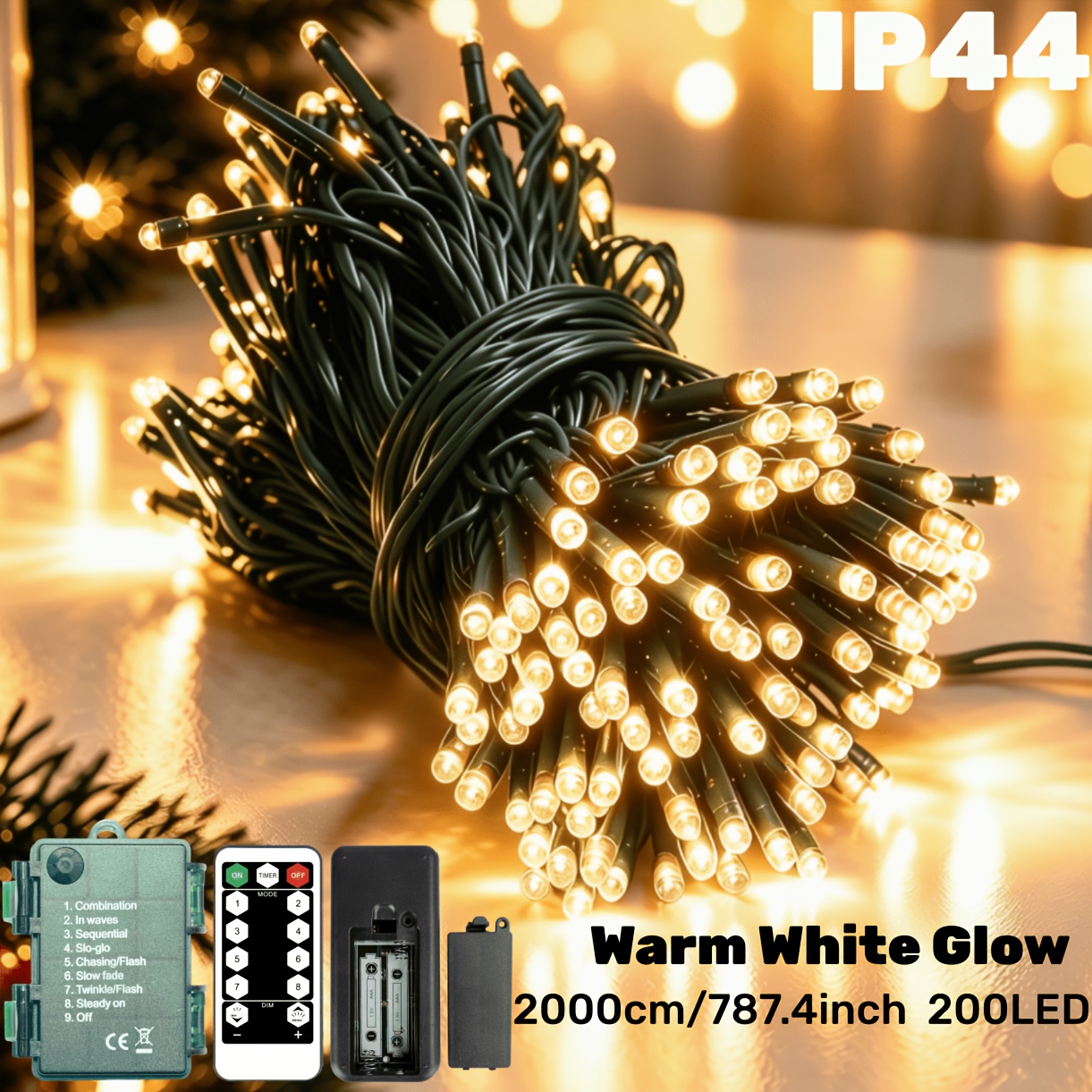 TEMU 1pc Battery Box Light String, Fairy Lights, Outdoor Light String, Plastic Material, Christmas Decoration, Remote Control, 8 Lighting Modes,
