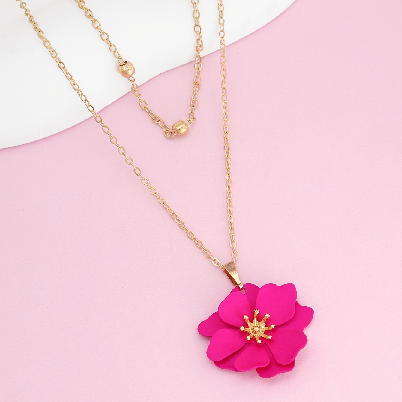 Women's Double Layer Flower Pendant Necklace with Rose Red Charm