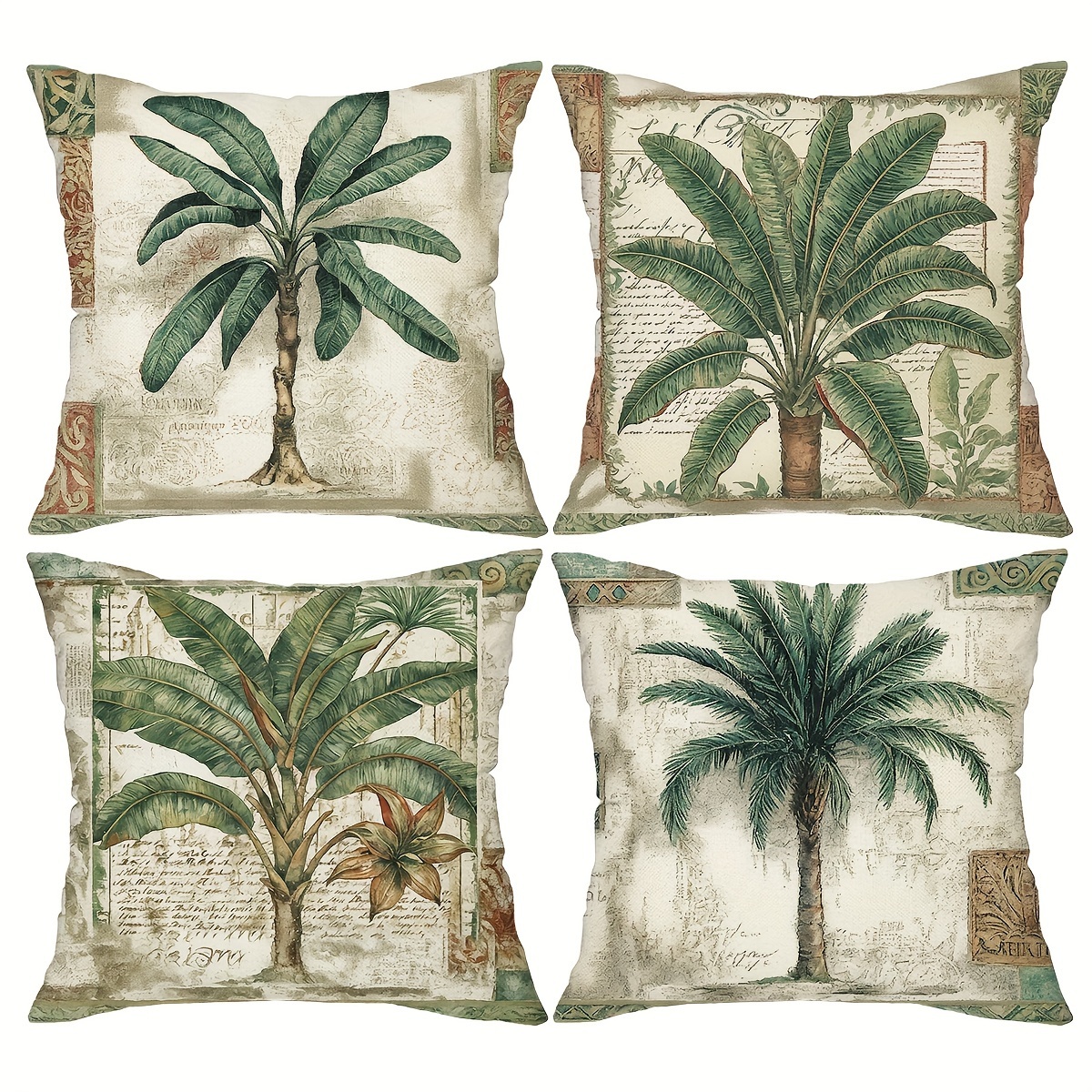 

Set Of 4 Tropical Palm Tree Throw Pillow Covers - Vintage Green Leaf Design, Farmhouse Style Linen Blend Cushion Cases For Sofa, Patio & Living Room Decor, 18x18 Inches, Zip Closure