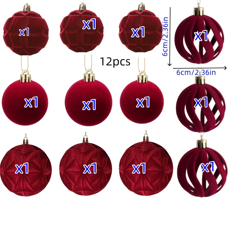 TEMU Boules de Noël en velours , ensemble de 12 pièces, à feuilles, boules lumineuses creuses à étoiles, décorations de sapin de Noël, décorations de