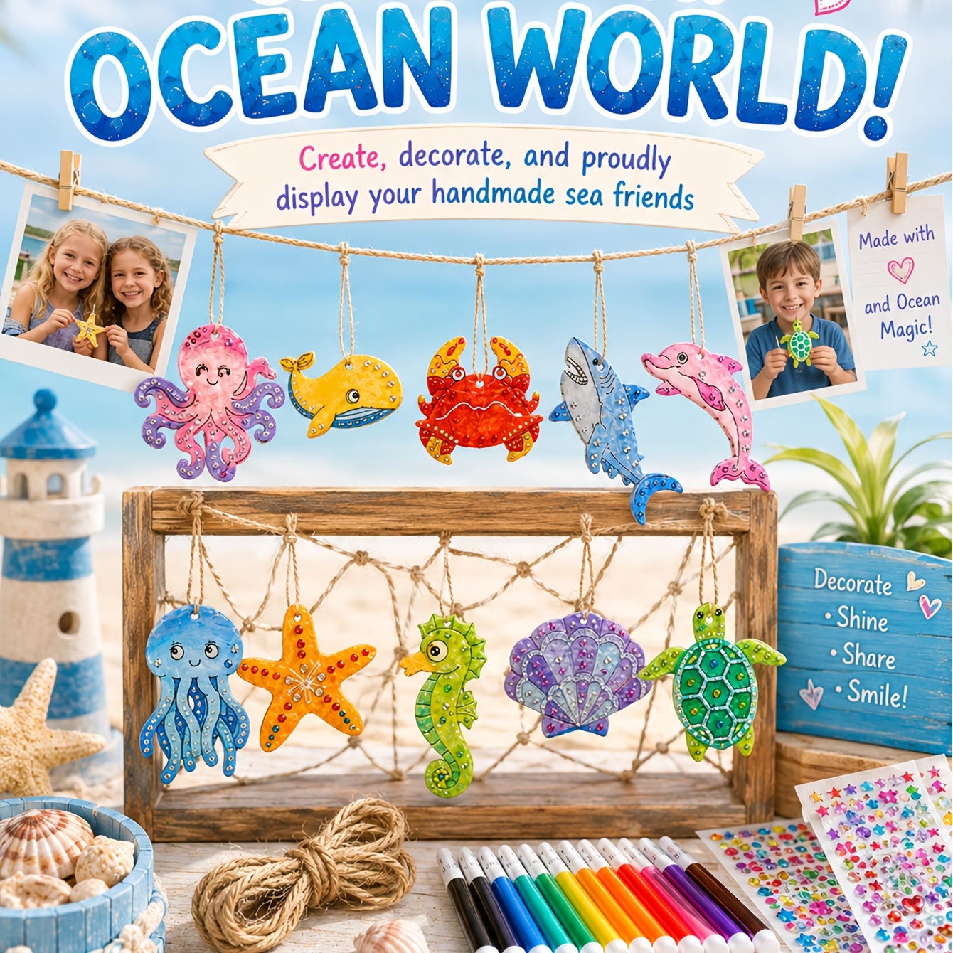 Summer Ocean Wooden Ornament Coloring Kit for Kids