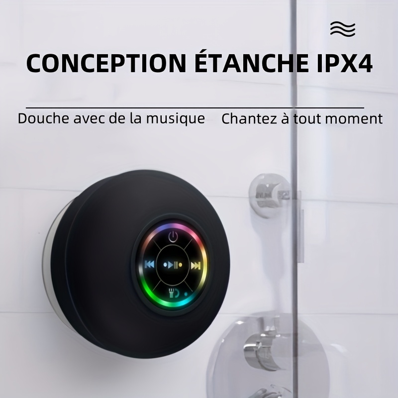 Haut-parleur de salle de bain LED - Sans fil, rechargeable par USB, 2 heures d'autonomie, qualité sonore HD, IPX-4, commande par bouton, fixation par ventouse