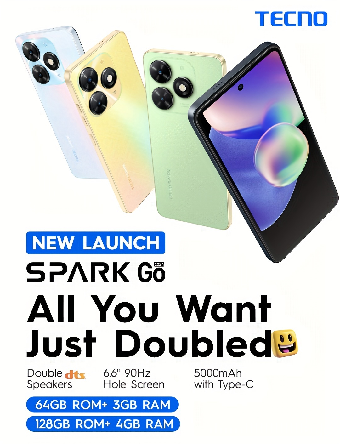 new launch   spark go 2024 4g smartphone 64gb 3gb 128gb 4gb   segment first 90hz dot in display with   dual speakers with   5000mah 10w type c fingerprint sensor octa core processor details 6