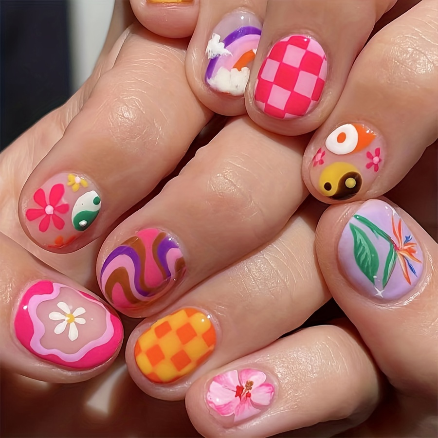 Image of Short Square Nail Art Tips Early -blocking Mesh Stripes Floral Wearable Faux Nails Elegant Versatile European And American Trade 24pcs