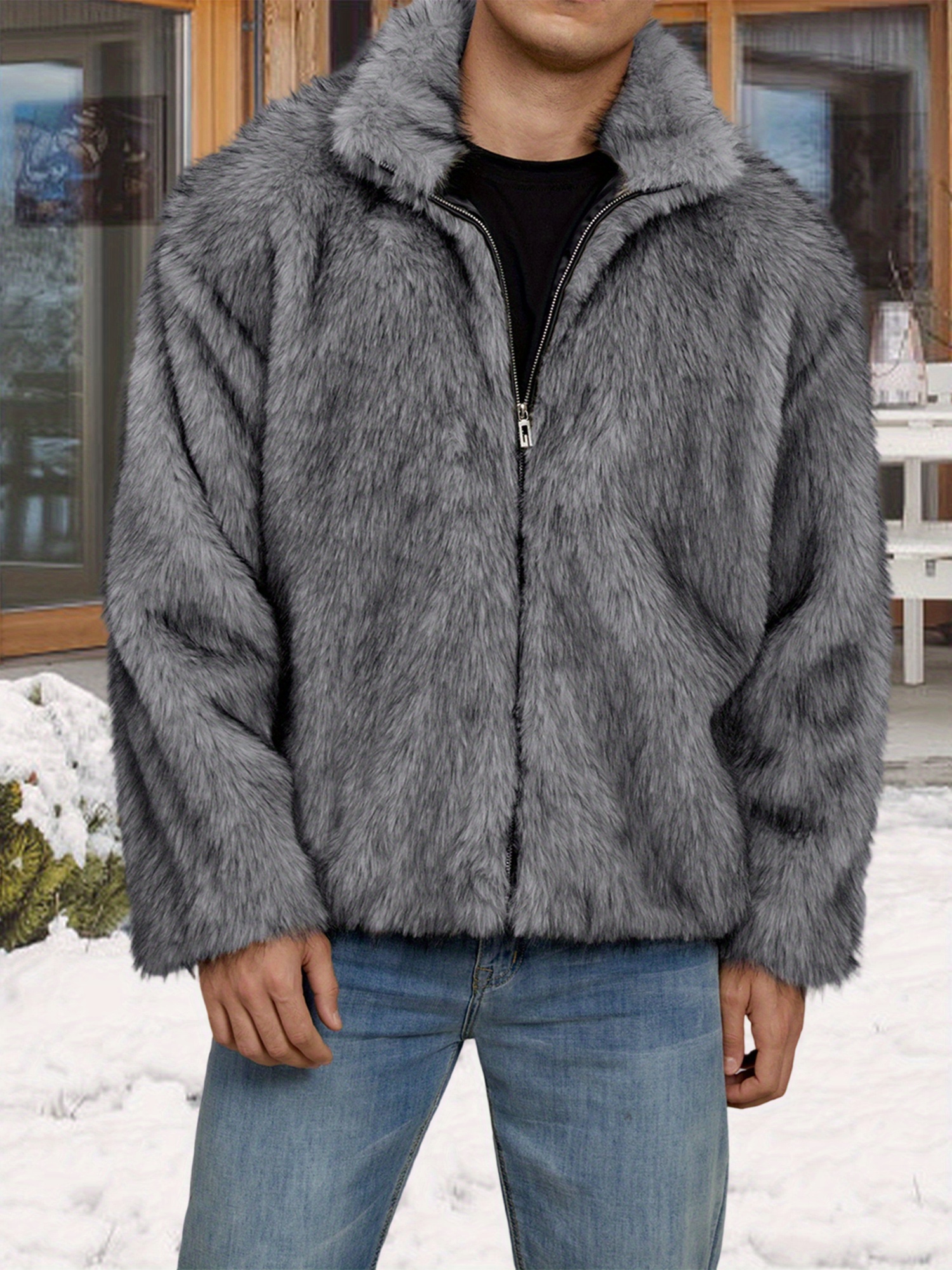 mens faux fur coat winter warm full length zip jacket - Temu Canada