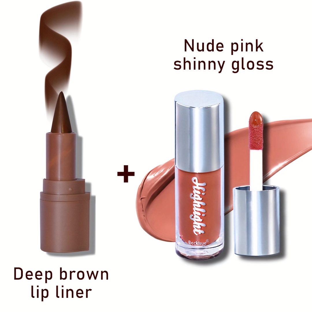 2pcs Natural Nude Lip Combo Set, Dark Brown Lip Liner with Glossy Nude Gloss, Shiny and Long Lasting