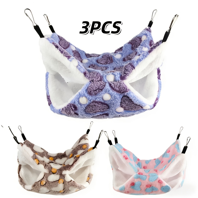 Image of 3pcs Set Double-layer Small Animal Bed - With Heart Pattern, Soft And Comfortable With Small Pet Supplies, Hanging Sleeping Bag, Is For Guinea Pigs, Hamsters, Rabbits And Other Small Pets To Sleep