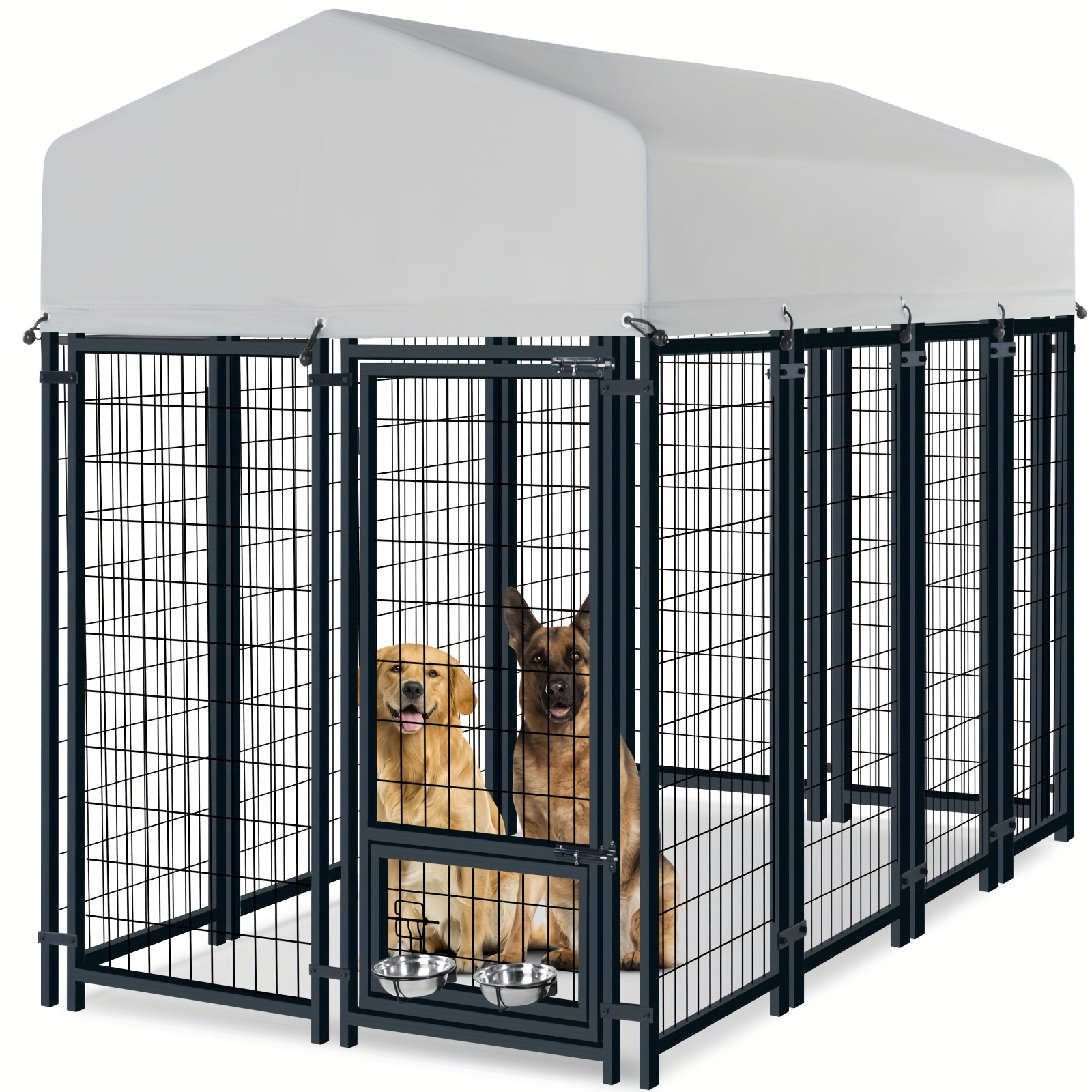 TEMU Outdoor Dog Kennel For Large Dogs, Heavy Duty Welded Wire Playpen Fence With , Dog Pen With Waterproof Roof Cover And 2 Rotating Dog Bowls For Small/medium/large Dogs