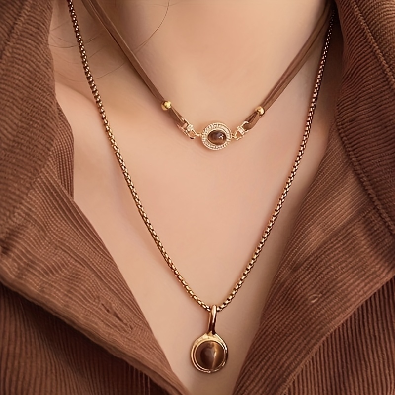 TEMU 2pcs Autumn And Winter Double-layer Stacked Retro Tiger Eye Stone Pendant Necklace, Casual Chain Women's Necklace