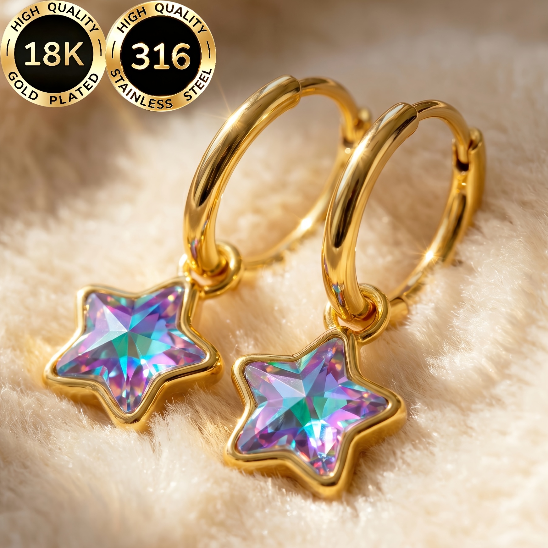 TEMU 1 Pair High-quality Steel 18k Golden Plated Hypoallergenic Face-shaping Light Luxury Sweet Sparkling Multicolor Pentagram Pentagram Design