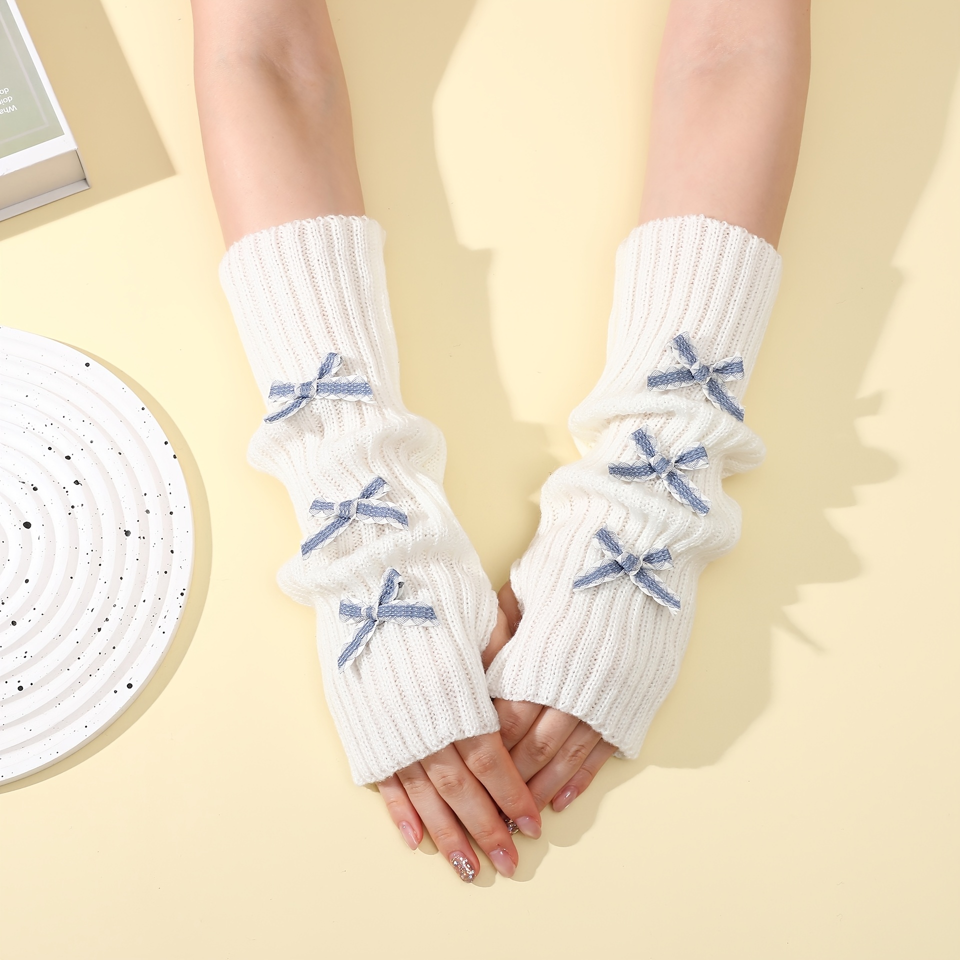 TEMU Ein Paar Damen-Handschuhe mit 30 cm Schleife, warme Herbst- Winterhandschuhe im College-Stil mit mittel- langflorigen Ärmeln