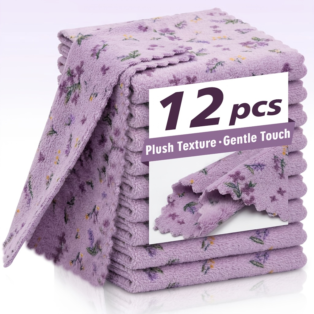 TEMU 12pcs Purple Coral Fleece Cleaning Towels, Super Absorbent Quick-dry Reusable Dish Cloths, For Kitchen, Bathroom & Car Washing, Pastoral Plaid