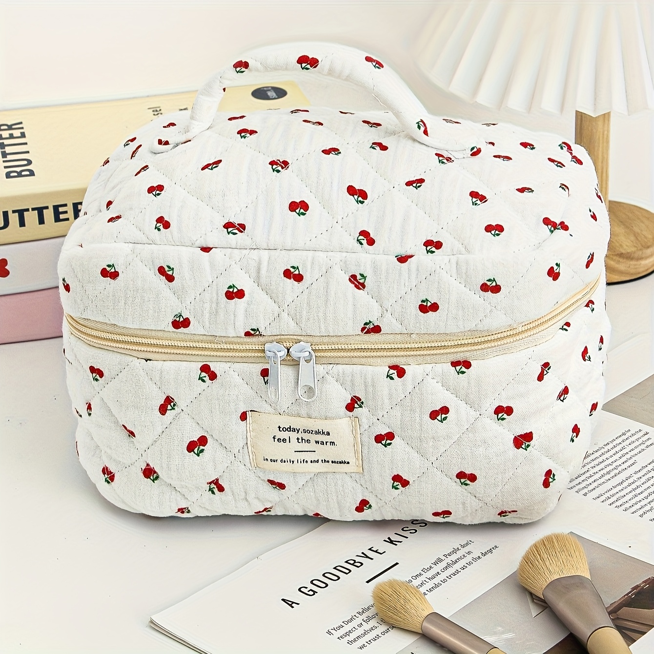 TEMU Cherry Grid Quilted Large-capacity Tote Cosmetic Bag, Suitable For Travel, Large-capacity Tote Cosmetic Bag, Women's Niche, Lightweight Storage