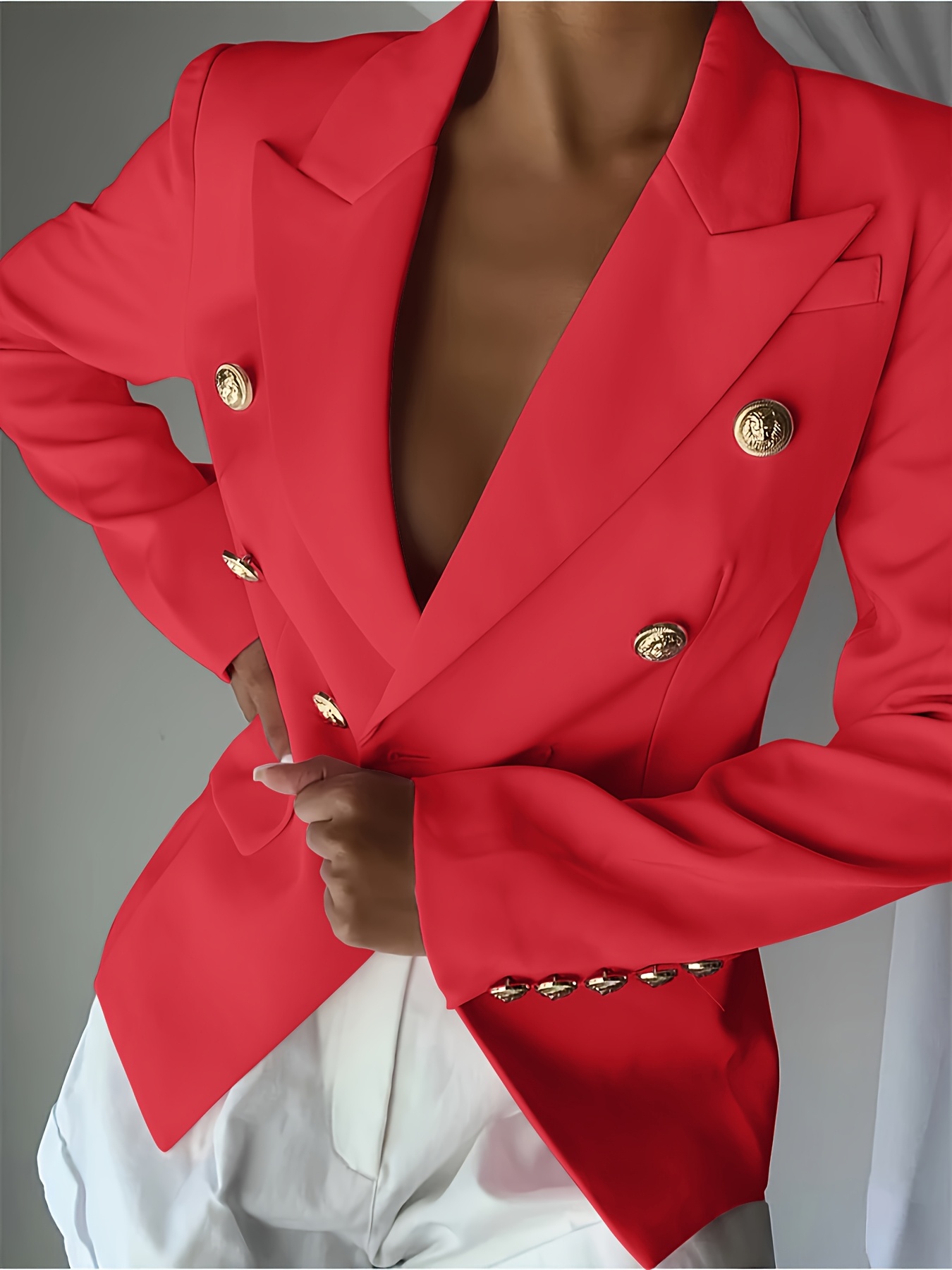 Women's Elegant Pink Double-Breasted Blazer - Polyester, Long Sleeve, Lapel Collar with Golden Buttons, Stylish Work Office Jacket