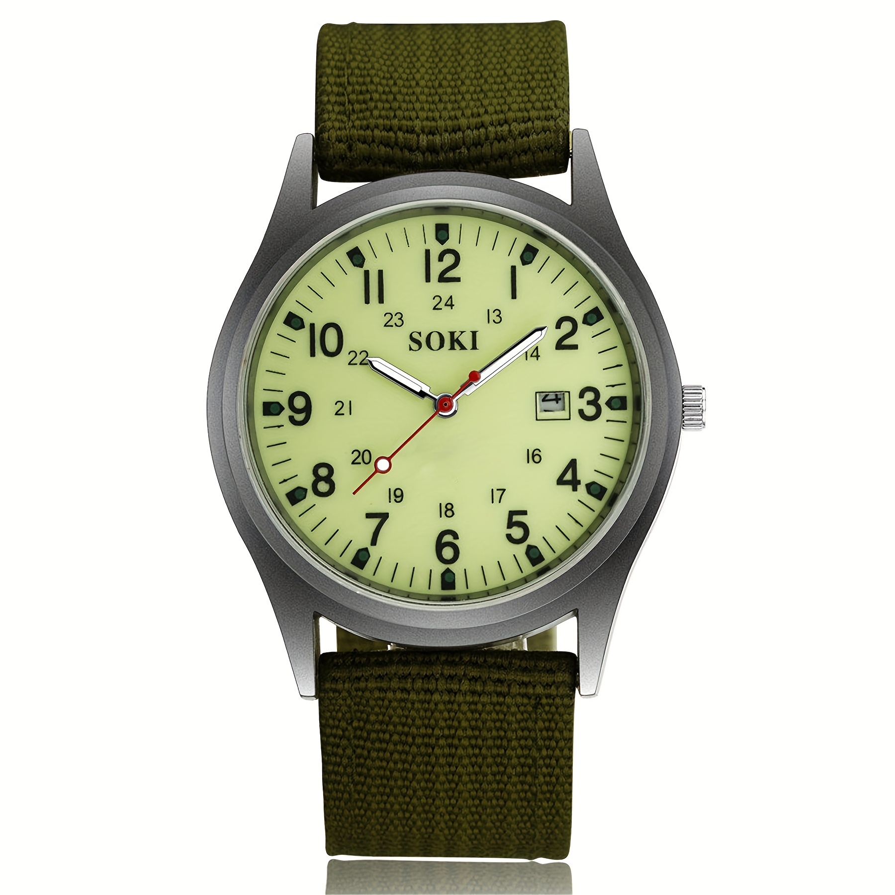 TEMU Outdoor Sports Men's Quartz Watch, Round Case, Green Nylon Strap, 24-hour Scale, Calendar, Luminous Dial, Used For Casual, Business, Sports,