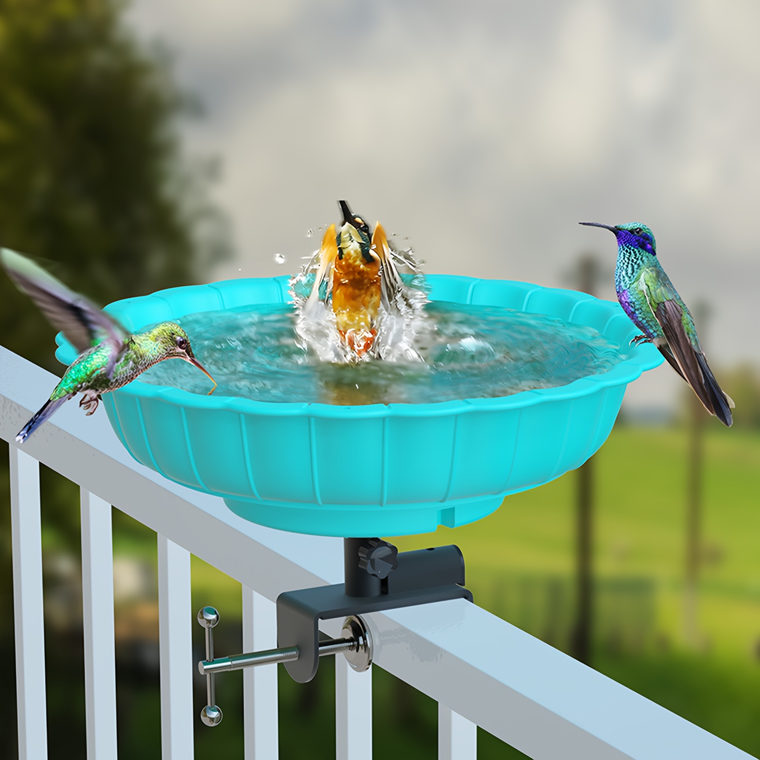Image of Detachable Lron Deck Railing Bird Bath And Feeder- Dual- Purpose Bird Basin For Outdoor Garden Balcony-bird Watering And Bathing Station With Fence Clamp