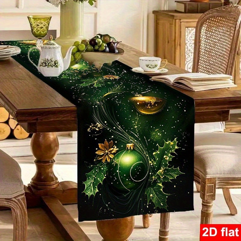 TEMU Un mantel navideño de color verde con patrones dorados brillantes, adornado con navideños clásicos como estrellas y adornos redondos,
