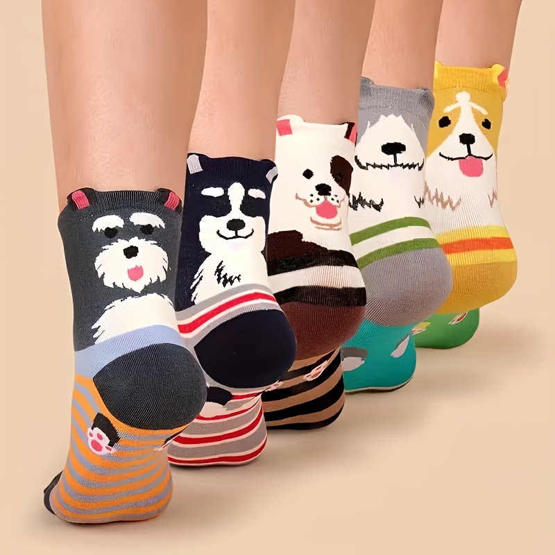 5-pair Women's Cute Puppy Pattern Mid-calf Socks, Suitable For , Outdoor Leisure Sweat-absorbent Socks, Gift Socks
