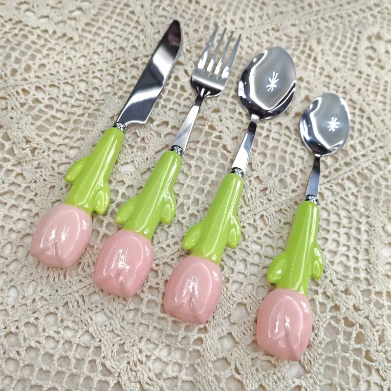 24pcs unique ceramic handle steak knife dessert spoon fork and spoon tableware set tools and accessories including knife fork and spoon very cute suitable for daily family dining birthday parties and festival parties Product details 5