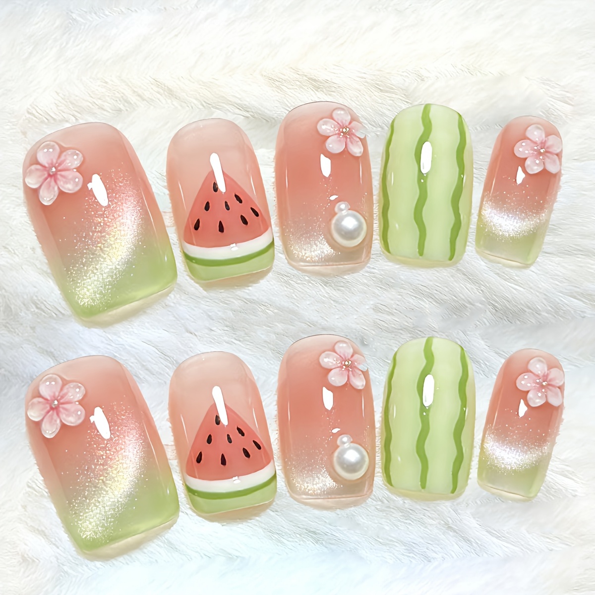Image of Summer Transparent Pink Green Gradient Cat Nail Art 3d Small Detachable Nail Art Suitable For Women And ' Daily Wear