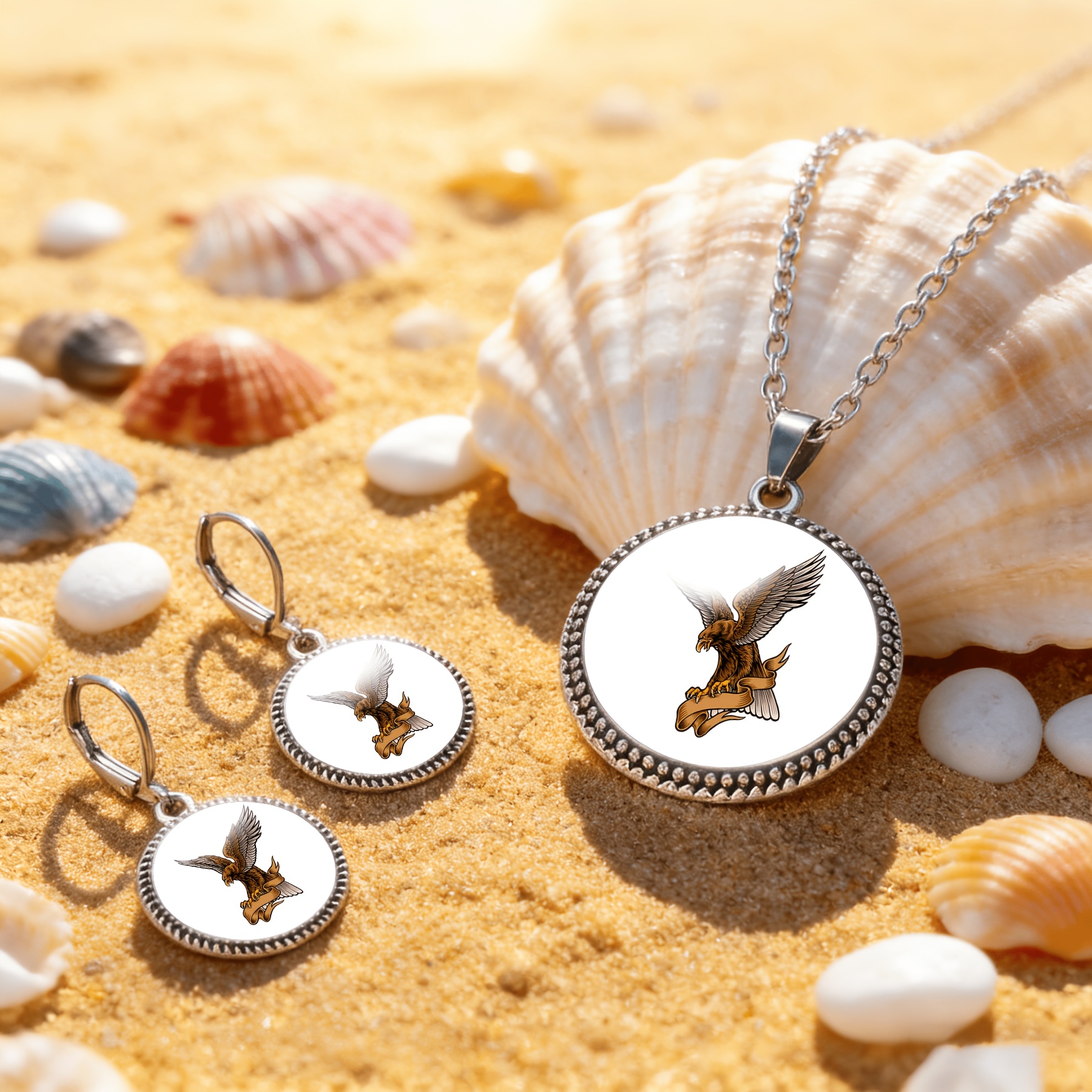 3pc Eagle Soaring Round Glass Base Classic Jewellery Set