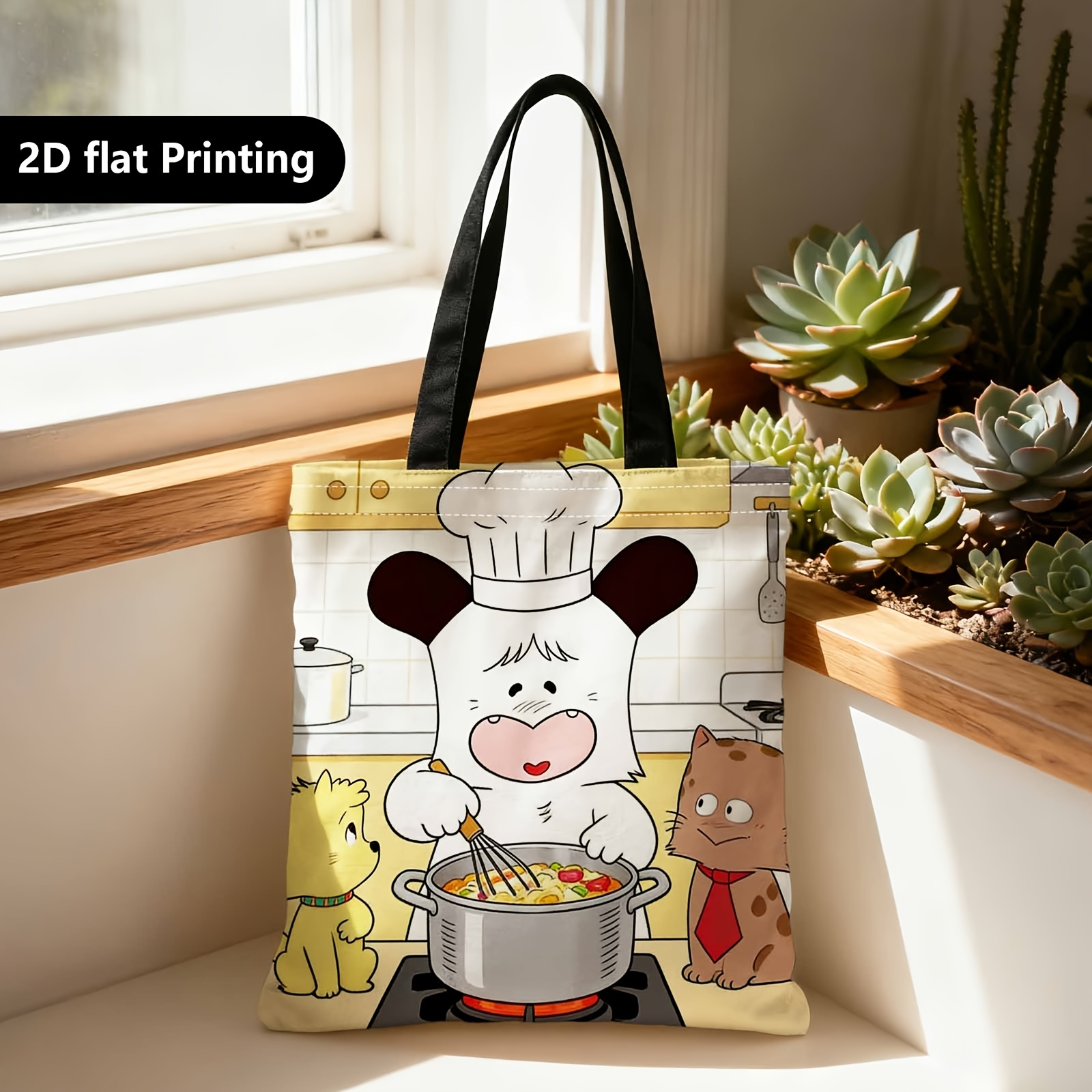 TEMU Un shopper, questa borsa portatile pu簷 portata a spalla o a . � dotata di un design 2D a con un cuoco cane cartone animato, il che la rende per