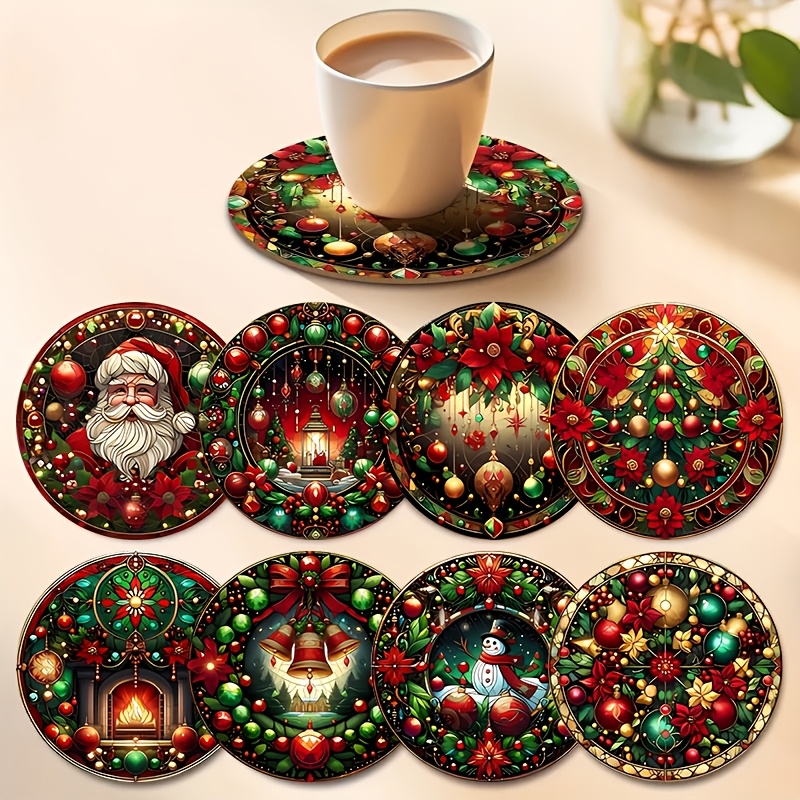 TEMU 8pcs Christmas-themed Coaster Set, Felt Coasters With Round Snowman Design, Absorbent Drink Coasters For Room Decor, Table Decoration, And