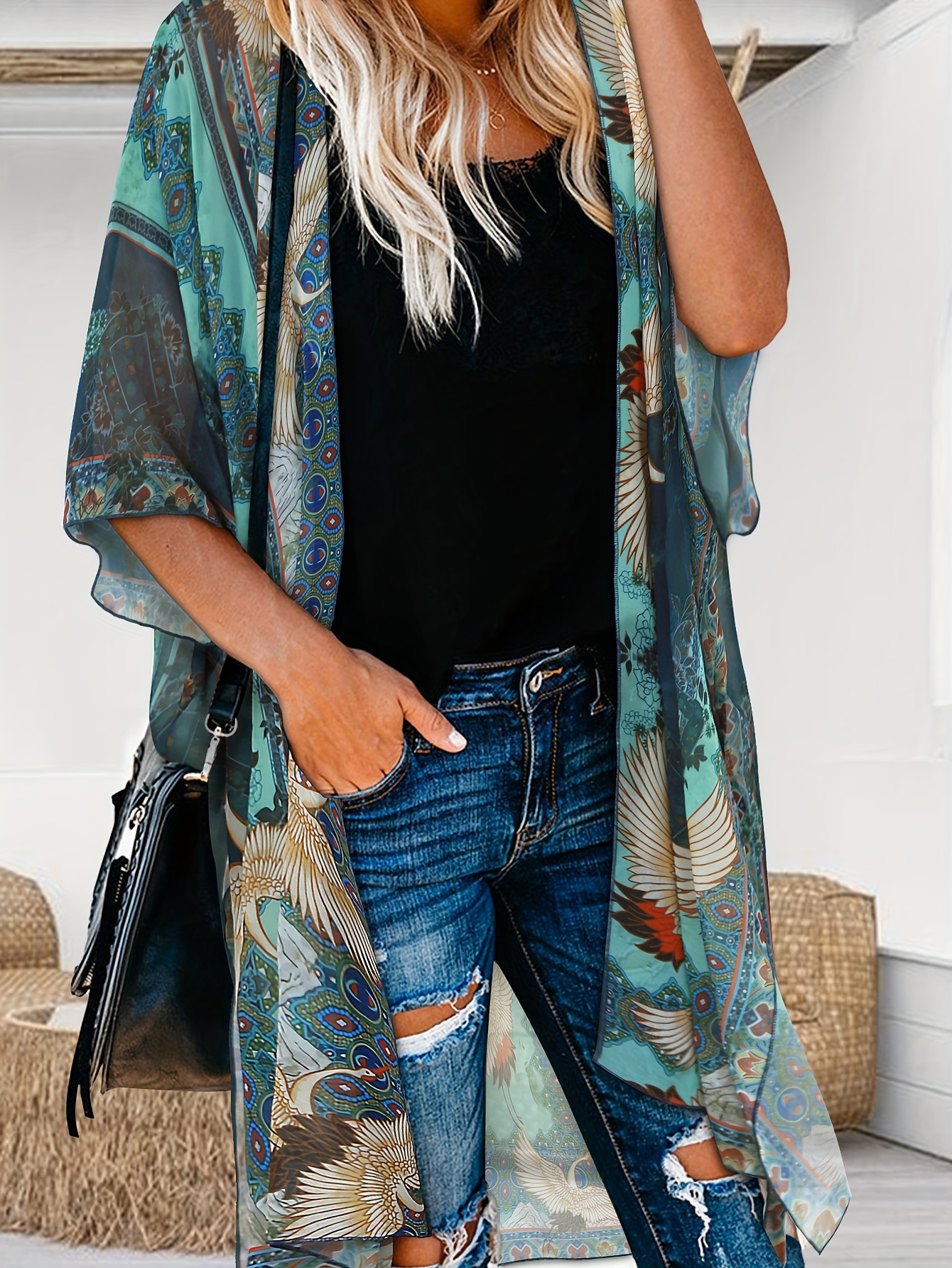 Women s Boho Chiffon Kimono Cardigan Open Front Beach Cover Up Casual Sun Protection Outerwear