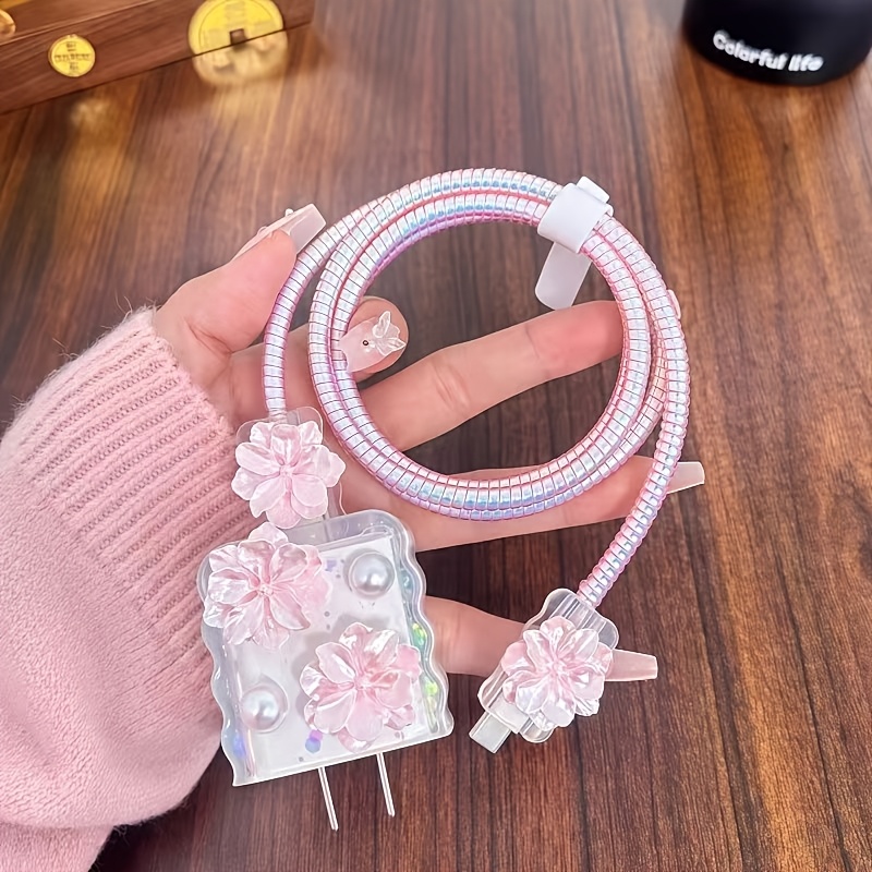 TEMU 5pcs Set Overlapping Cherry Pearl Charger Protector For 18w/20w Anti-break Data Cable Protection Kit: 1 Head Cover + 2 Cable Clips + 1 Tie Strap