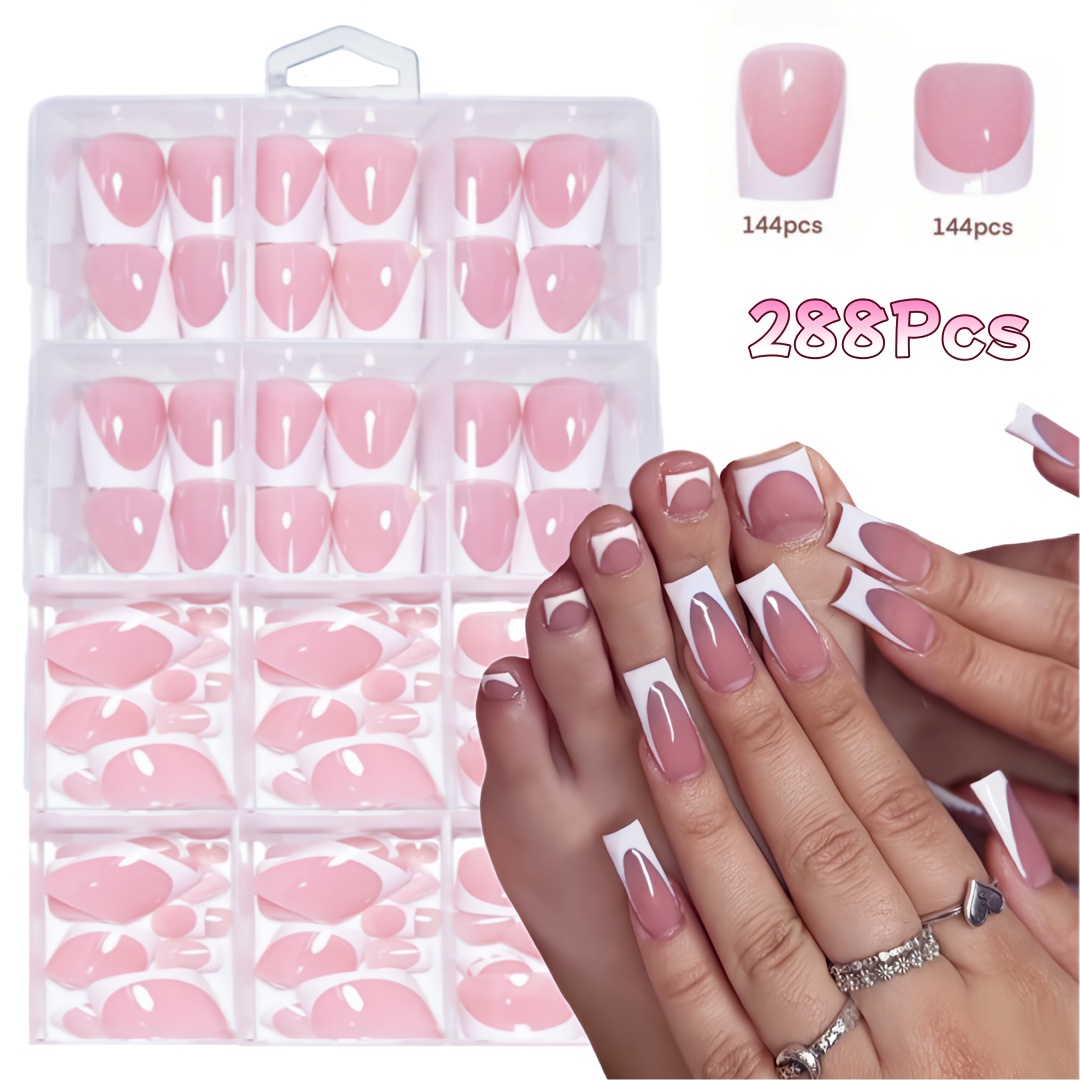 288pcs Simple Hand And Foot Set, White Nail Tips, Square Long Design, High Gloss Decoration, Full Coverage, Easy Application, For Nail Art Enthusiasts