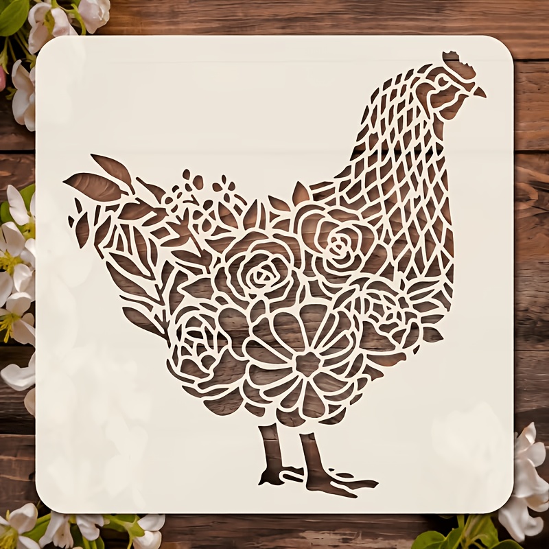 TEMU 5.9 X 5.9 Inches Floral Hen Template, Exquisite Rose And Pattern Stencil, Hen Rooster Farmhouse Style Hollow-out Painting Template, Suitable For