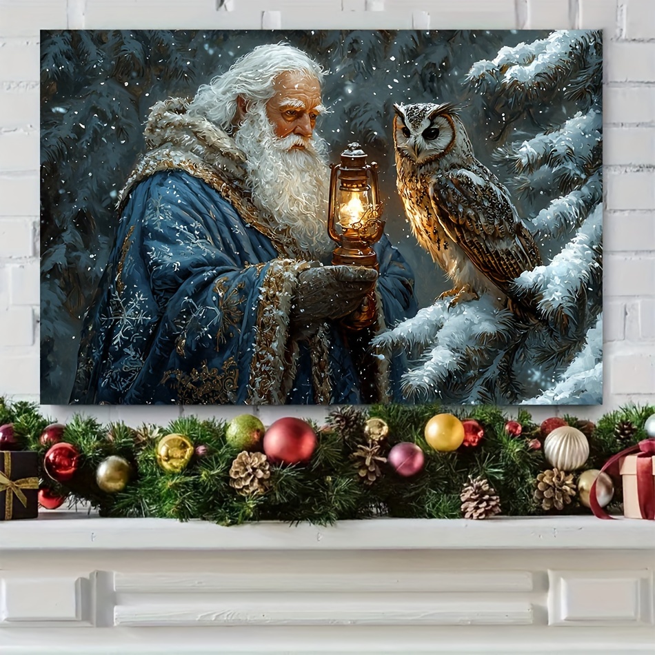 

Merry Christmas And Happy New Year Santa Claus And Owl Wooden Canvas Painting Wall Art Prints For Home Decoration, Living Room & Bedroom, Festival Party Decor, Gifts, Ready To Hang