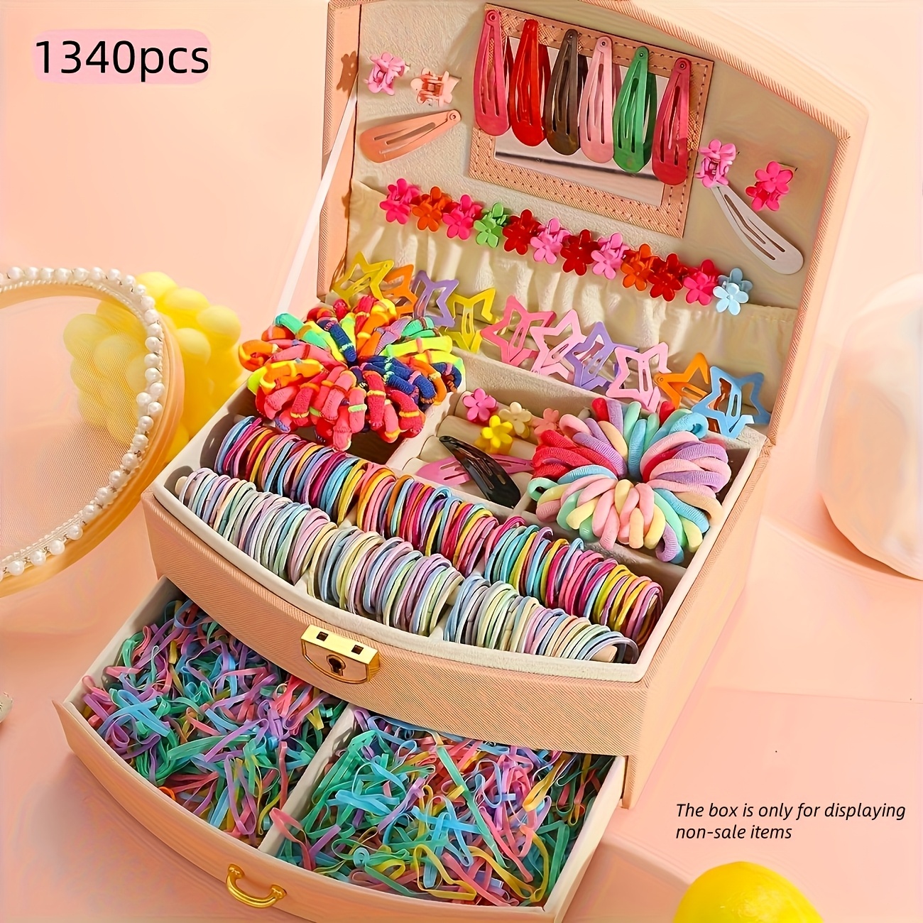 TEMU 1340pcs Dopamine Easy Fashionable 's Elastic Colored Hair Band Hairpin Set, With Water Drop Clips, Five-pointed Star Clips, Flower Clips, Towel