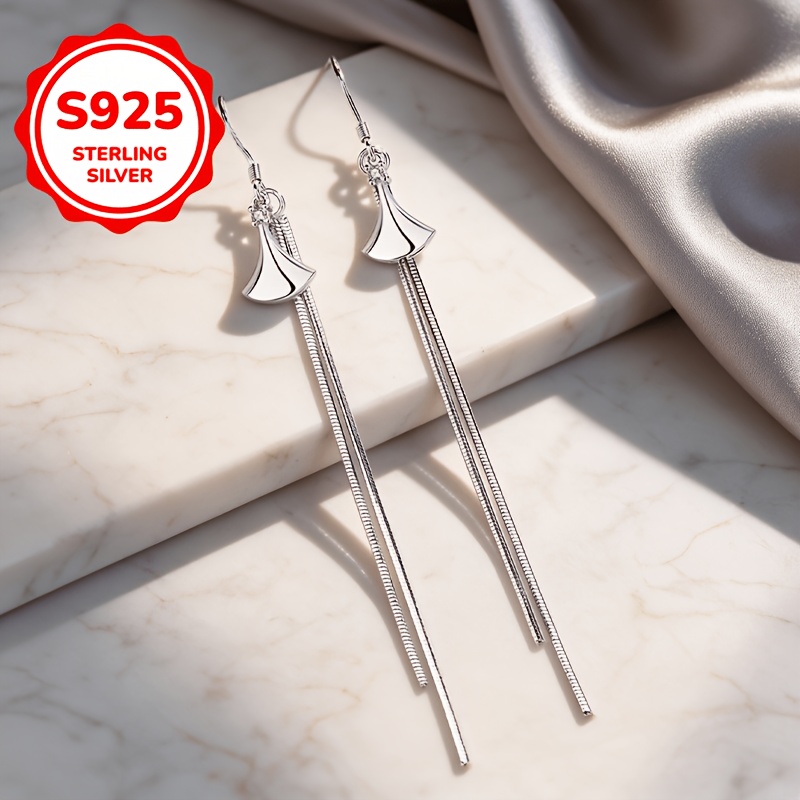 Women's 925 Silver Fan-Shaped Long Tassel Earrings