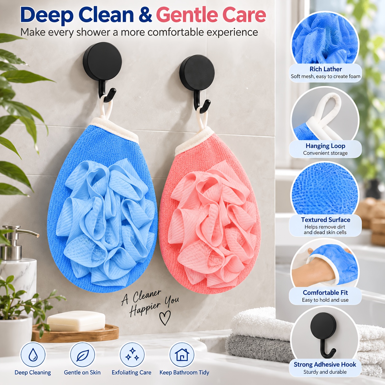 Bath Loofah Gloves with Black Round Hooks, 3D Mesh Design