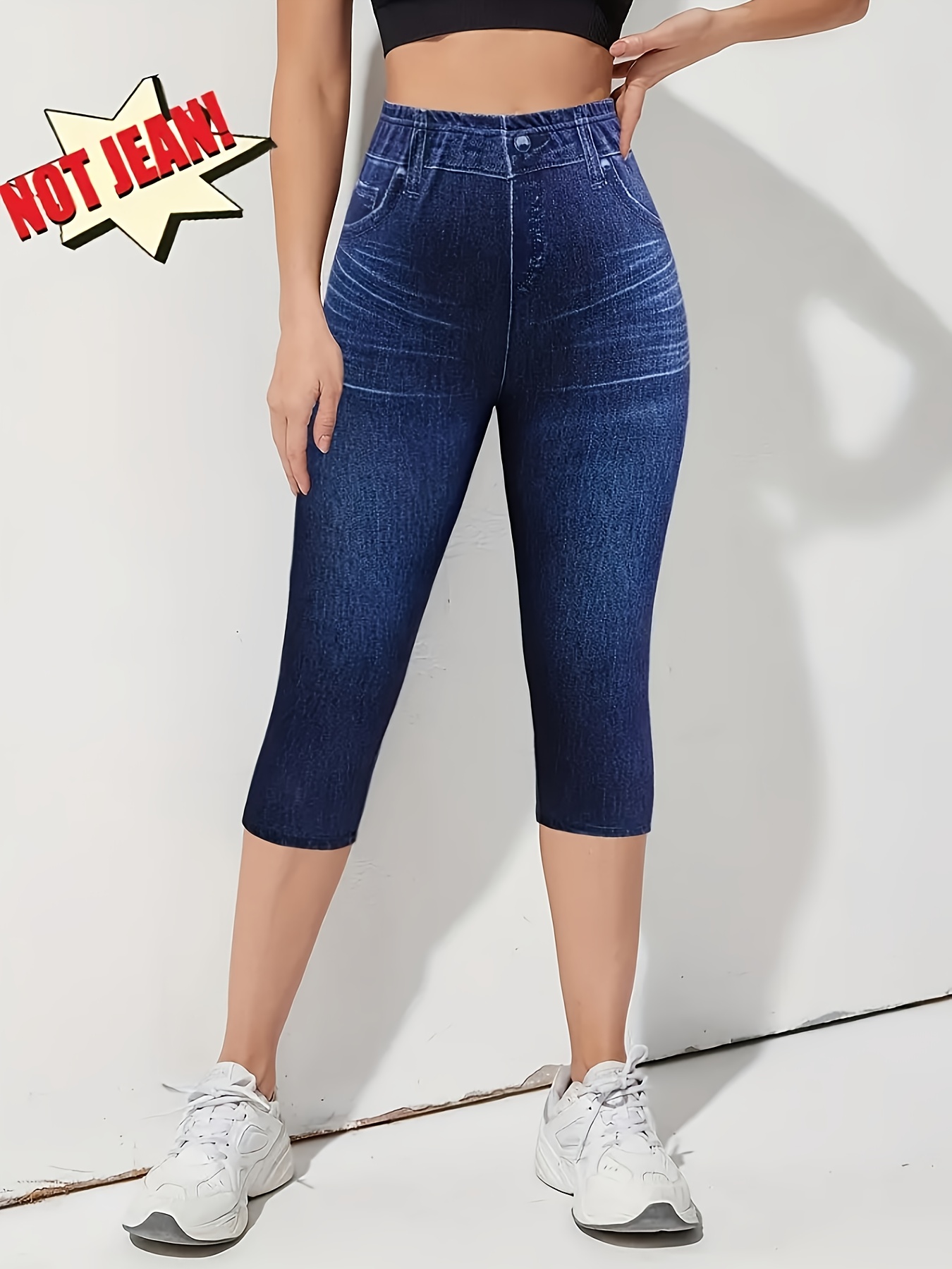Plus Size Imitation Denim Capri Pants - Digital Print Tight-Fit Mid-Length Leggings, Machine Washable All-Season Casual to Dressy Non-See-Through Women's Fashion, Versatile Clothing, Smooth Texture Fabric