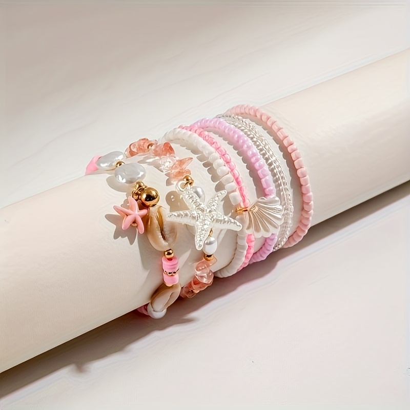 Boho Rice Beads Bracelet Set with Starfish Shell Charms