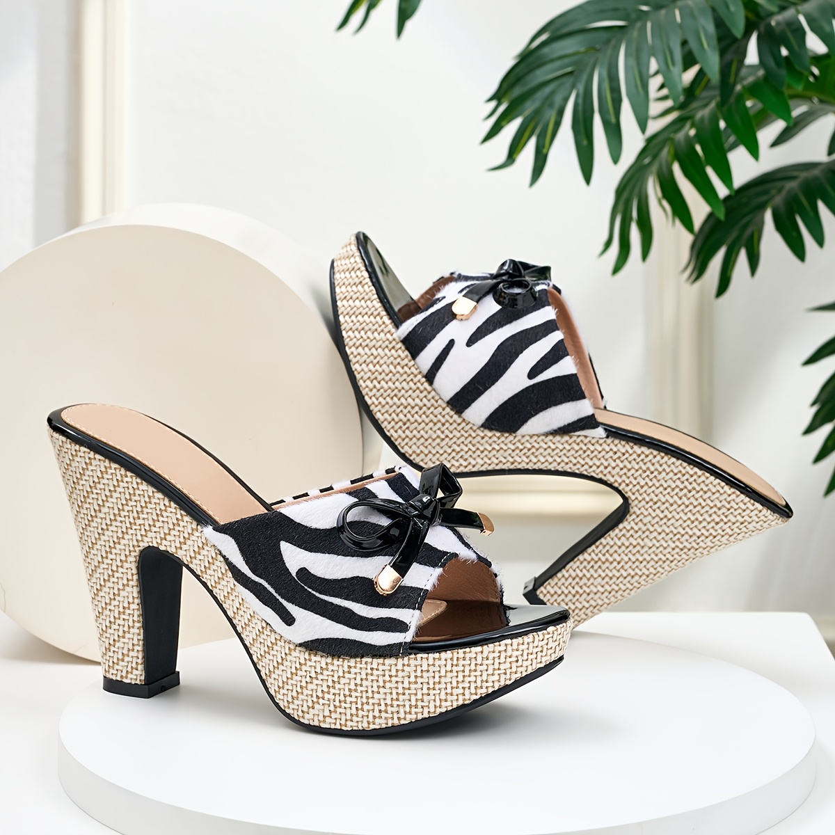 elegant womens zebra print bow open toe high heel sandals women shoes Product details 4
