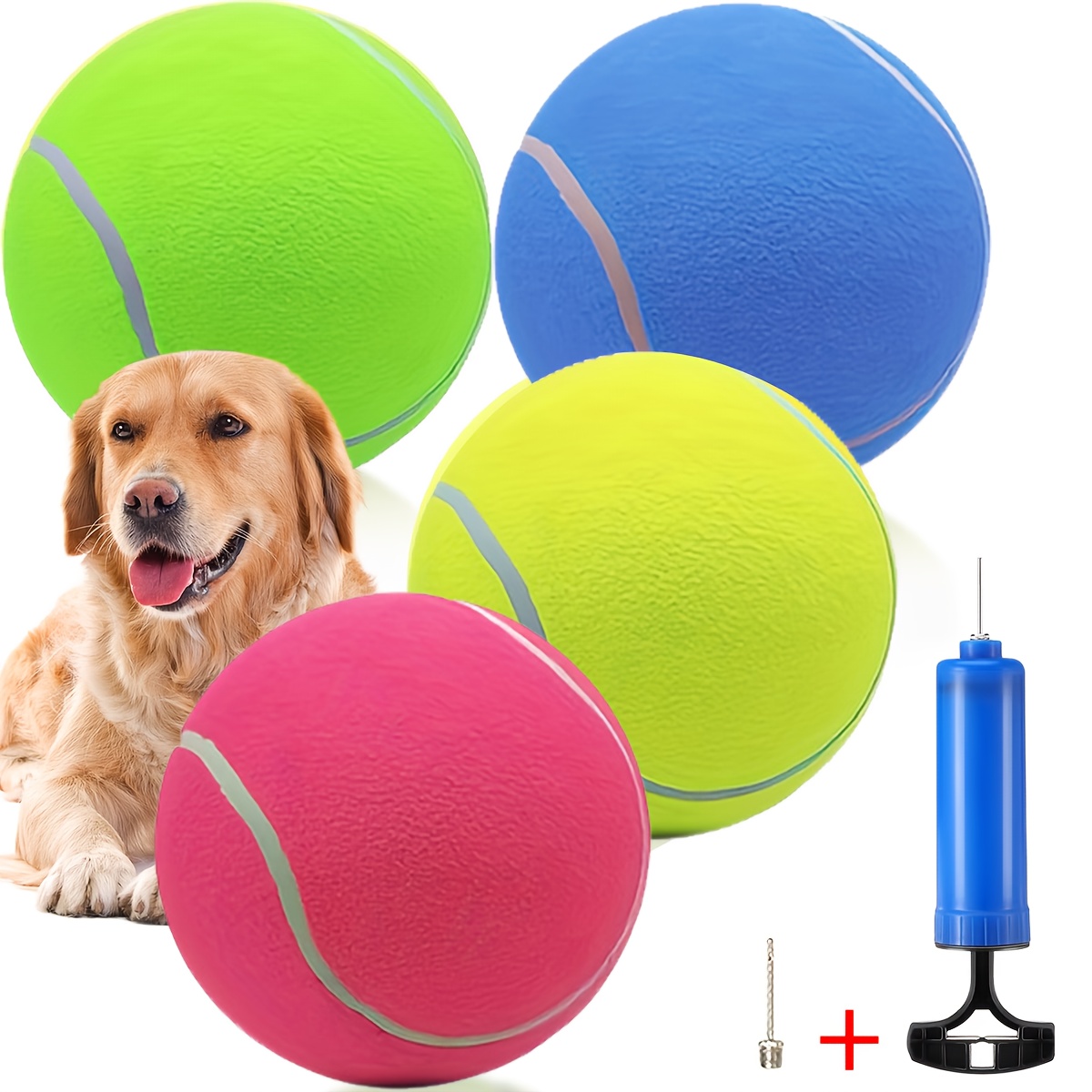 TEMU 4pcs Giant Pet Tennis Set, 9.5-inch Large Pet Tennis Ball With Needle And Air Pump, Suitable For Training, Playing And Exercising. Suitable For