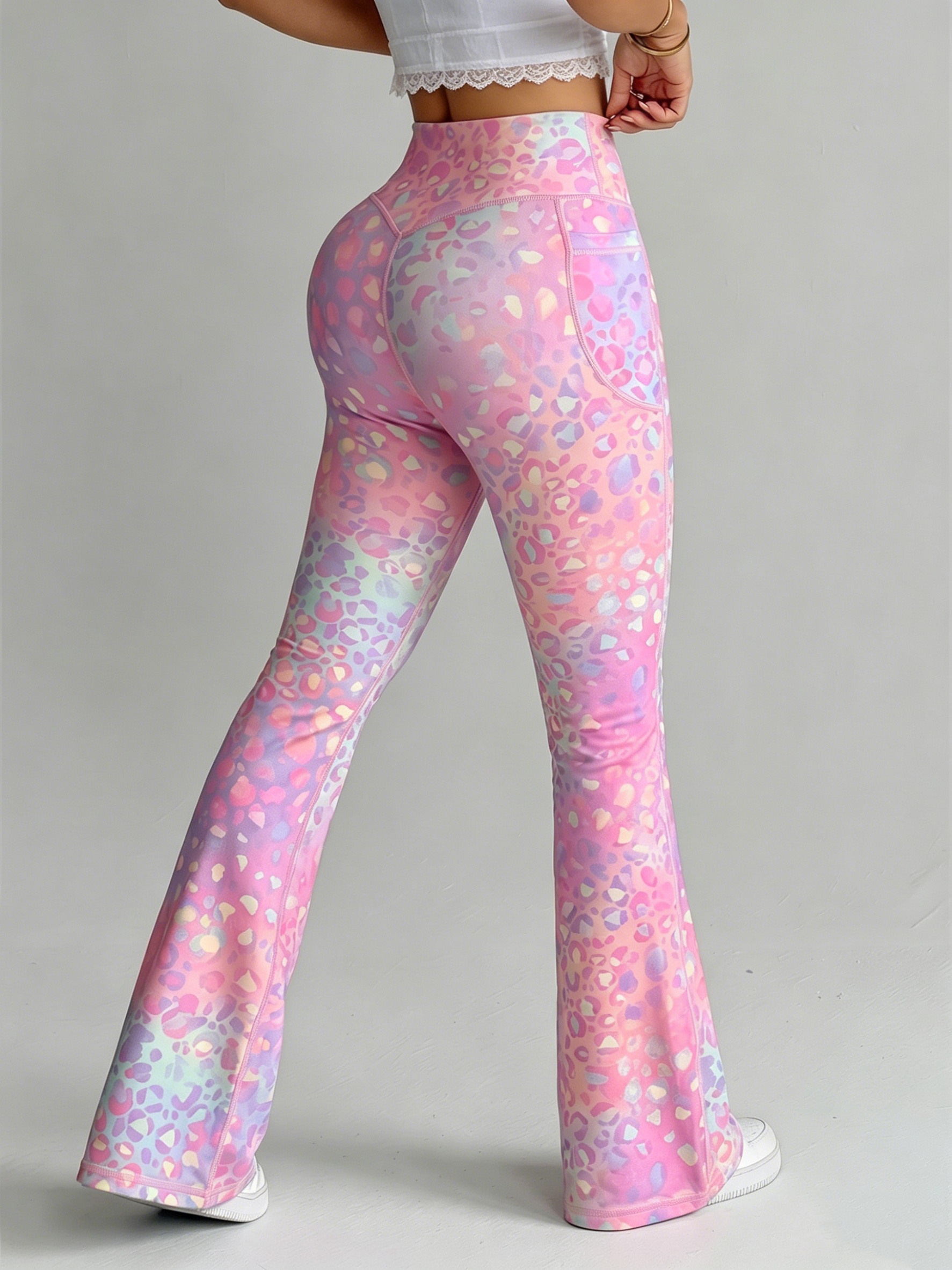 Leggings de yoga de tiro alto para mujer con control de abdomen y efecto levantacola, tipo campana y pierna estrecha - Estampado de leopardo degradado, suaves y elásticos para entrenamiento, adecuados para gimnasio, correr, atuendo casual, pantalones tipo campana no transparentes con bolsillos para