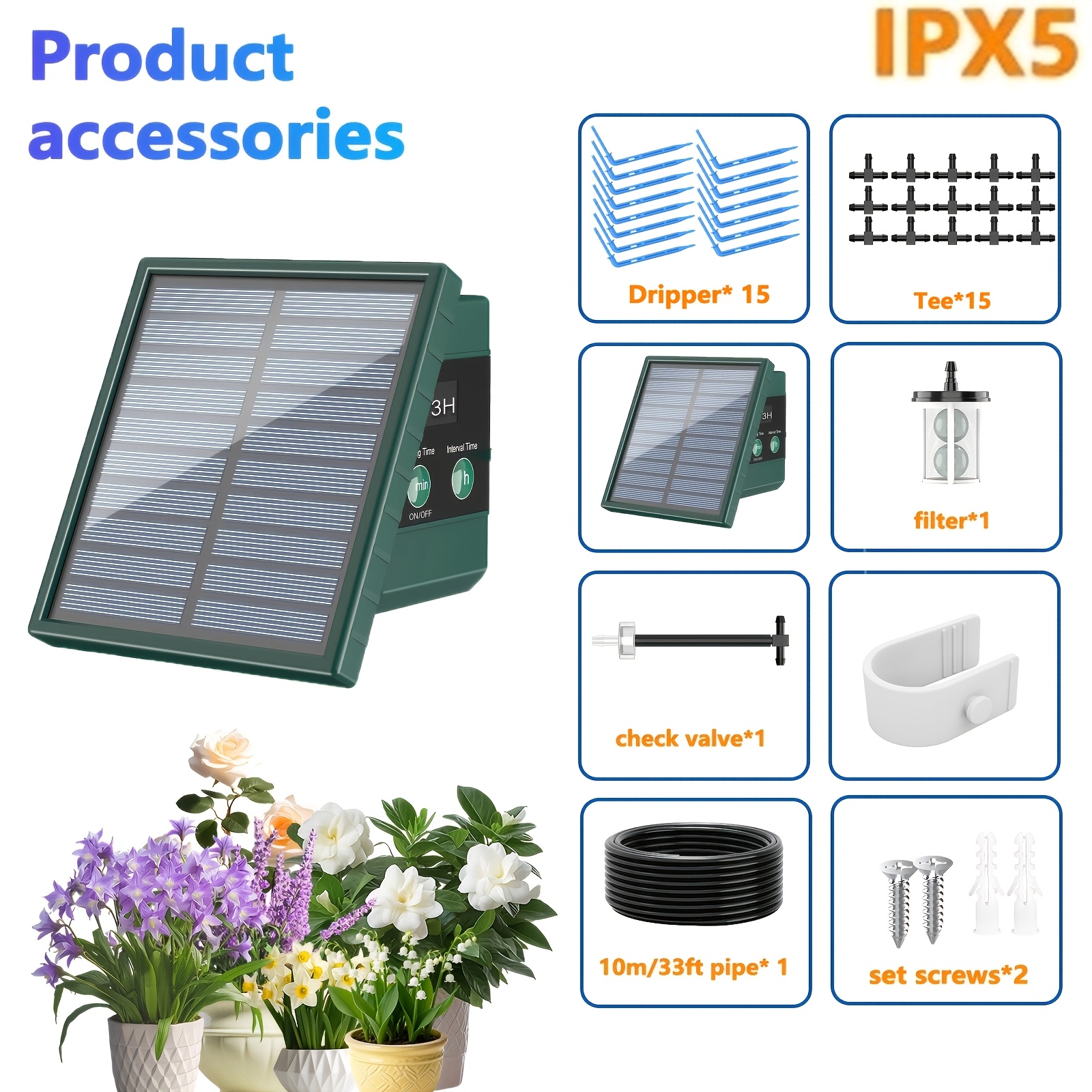 Image of Solar Drip Irrigation System Solar Irrigation System For Garden, Ipx5 With Additions Solar Watering Device Plants Automatic Watering System With Battery Garden, Balcony, Greenhouse, Garden