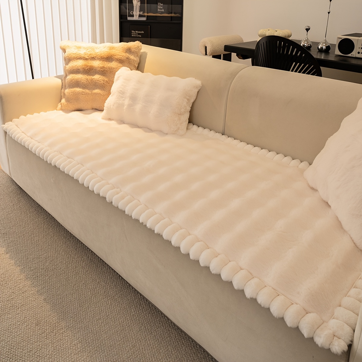 A Rabbit Long Plush Wide-edge Sofa For Autumn And Winter, Featuring A Non-slip Design