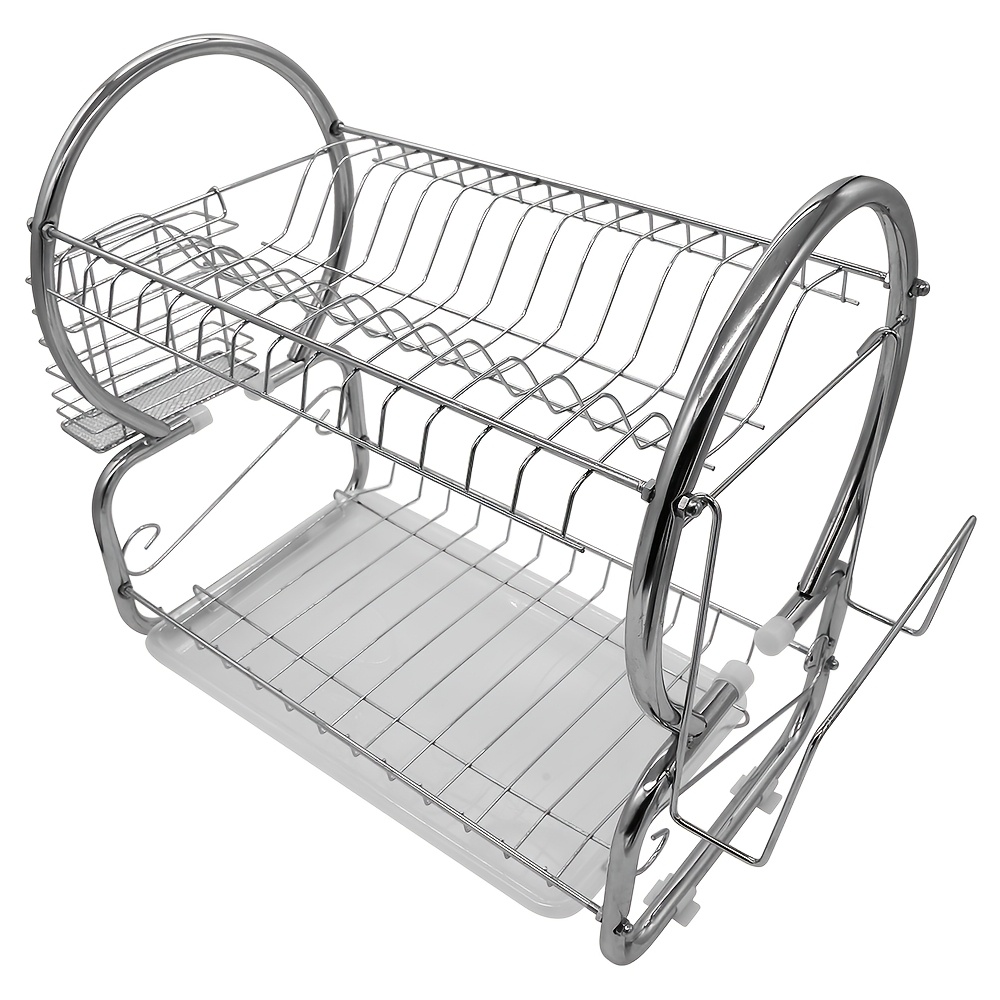 Two-tier Dish Drying Rack Featuring A Plastic Drip Tray, Chrome End, Sink Drying Rack With Utensil Holder, Portable Design, Spacious Capacity, Countertop Drainage Rack, And Kitchen Dish Organizer