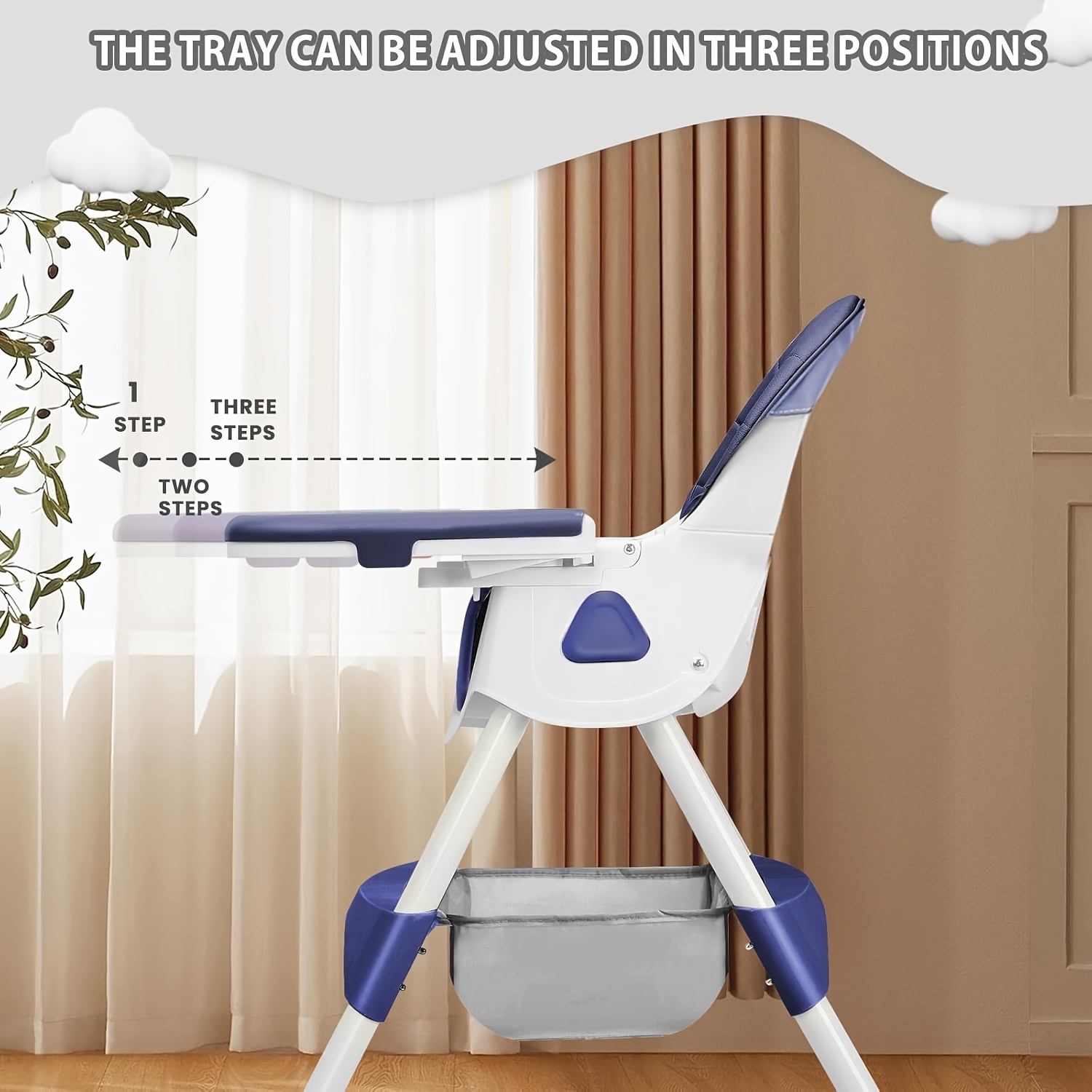 Adjustable Portable Dining Chair with 5-Point Harness, Tray & Wheels - Multi-Functional Eat, Drink & Play Seat with Ergonomic Backrest, Soft Cushioned Seat & Footrest - Modern Safety High Chair for Boys & Girls (Grey//Beige/Navy ) - Easy Assembly Required