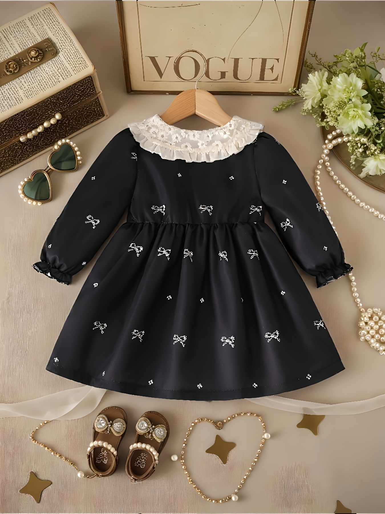 Baby Girls' Black Dress White Sweet Lace Collar Bow Full Print Black Dress  * And White Match * Unique Button Design *