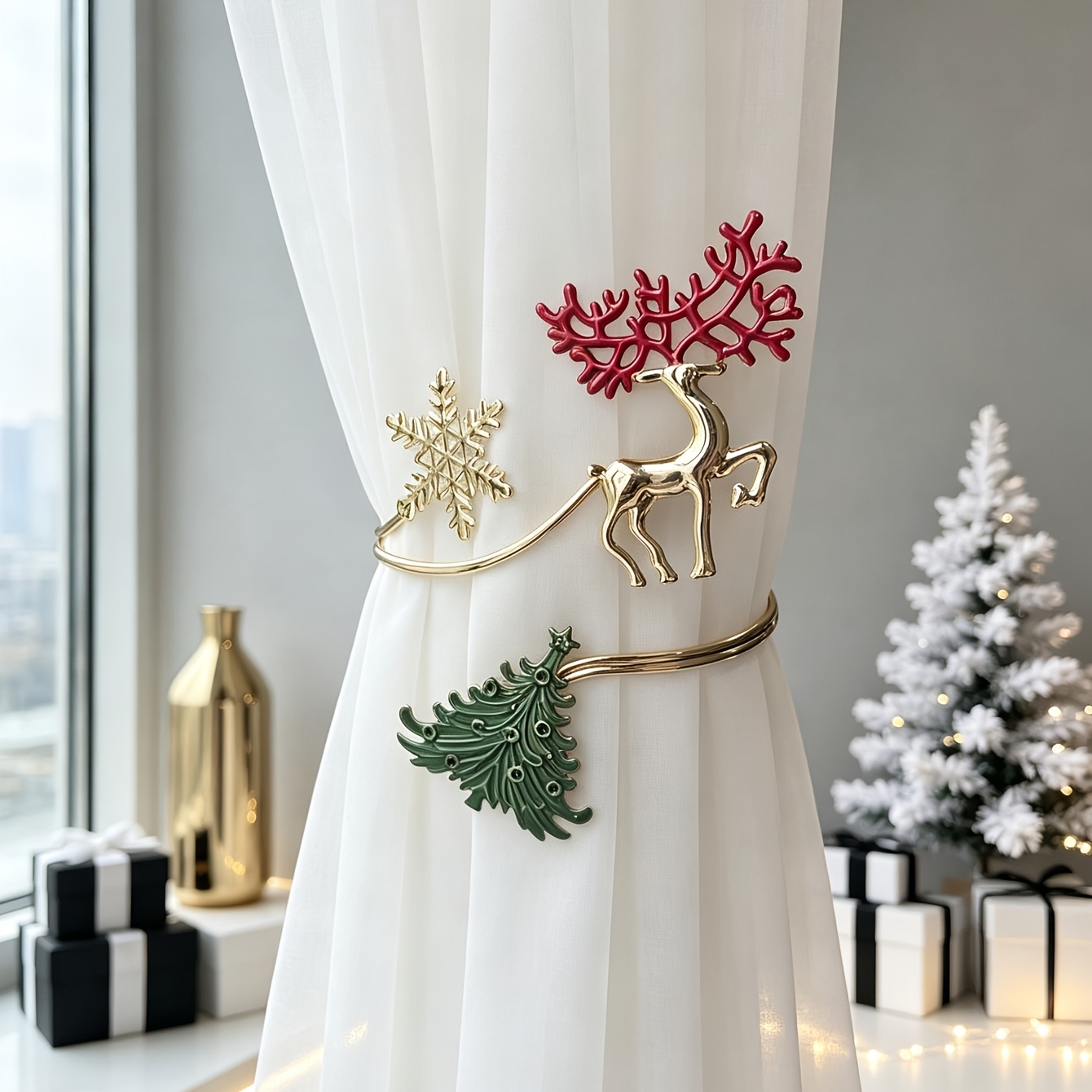TEMU 2pcs Christmas Alloy Curtain Tiebacks, Reindeer, Snowflake, Christmas Tree, Christmas Curtain Decorations, Living Room Curtain Ties