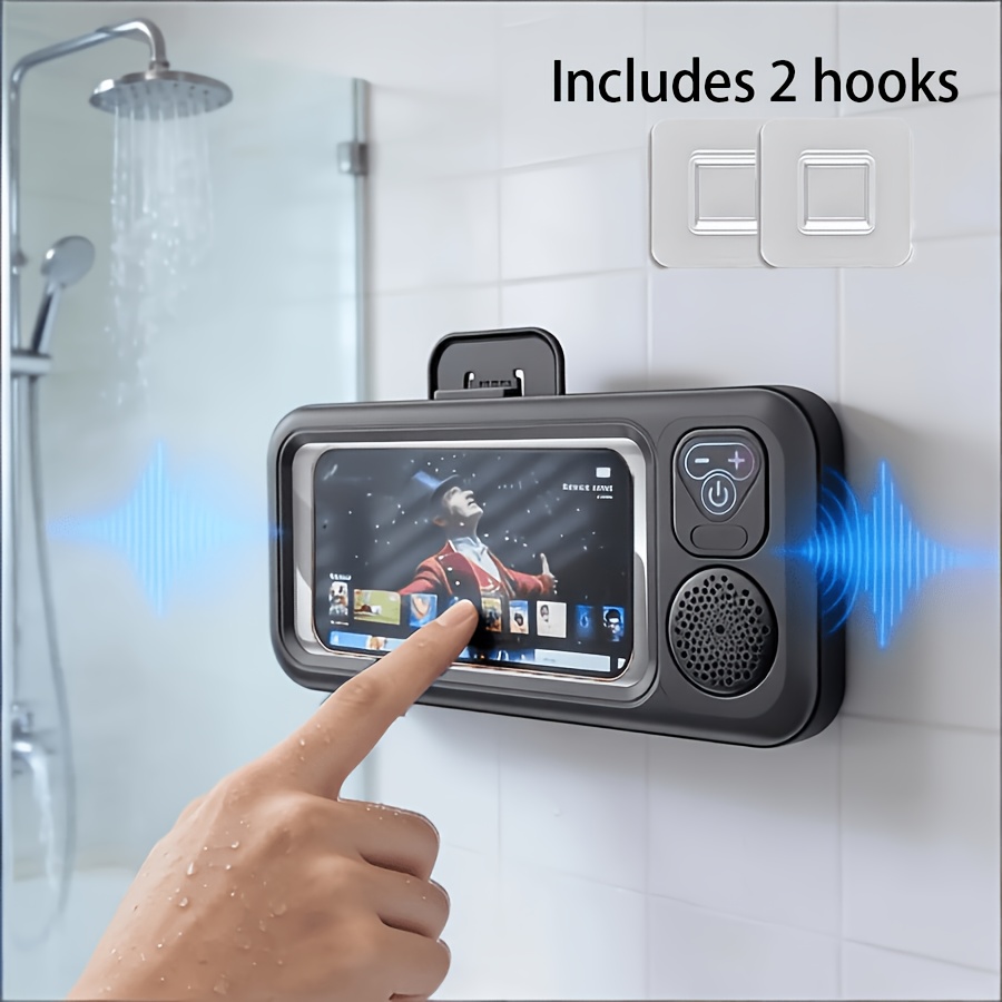 TEMU Shower Phone Holder With Wireless Speaker, Wall Mount Phone Case With Audio Function, Touch Screen Support, 360° Adjustable Viewing Stand,