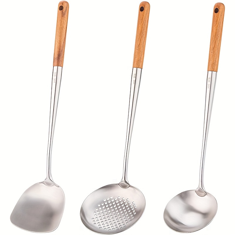 TEMU Wok Spatula And Ladle, Skimmer Ladle Tool Set, 17inches Spatula For Wok, 304 Wok Spatula